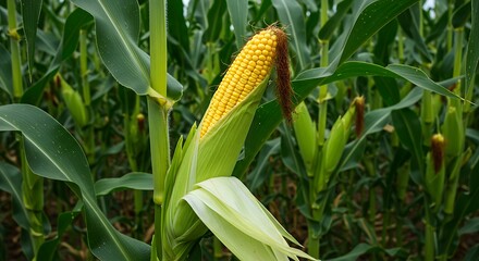 Obraz premium Vibrant ear of corn growing amidst lush green stalks in a field