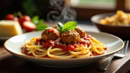 Aromatic Steam Rising from a Plate of Delicious Spaghetti with Meatballs and Rich Tomato Sauce, Garnished with Fresh Basil and Parmesan Cheese