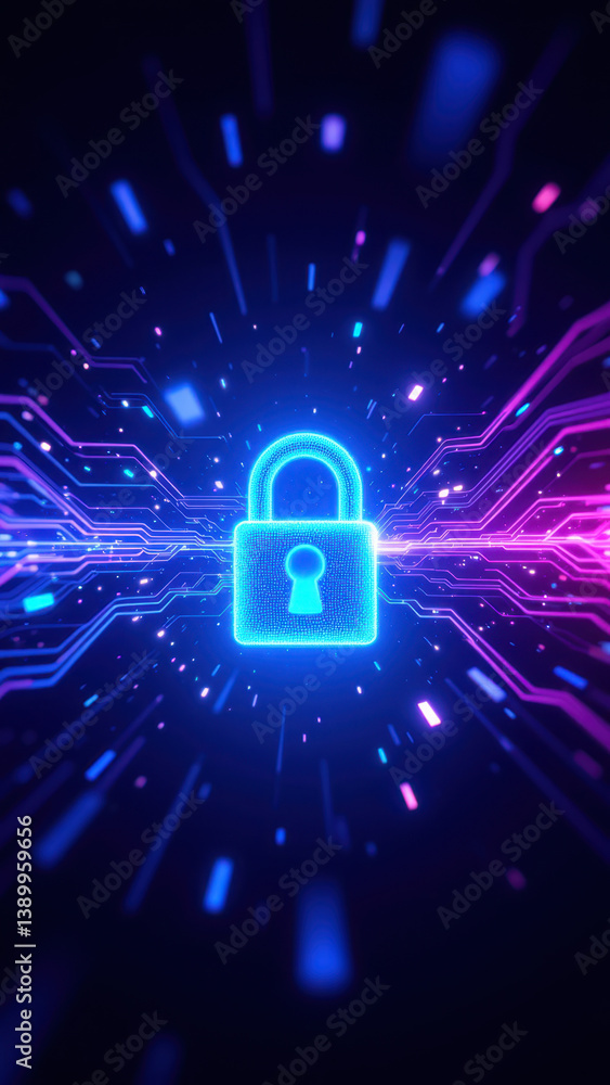 Poster cybersecurity icon with a digital lock and cybernetic circuitry.