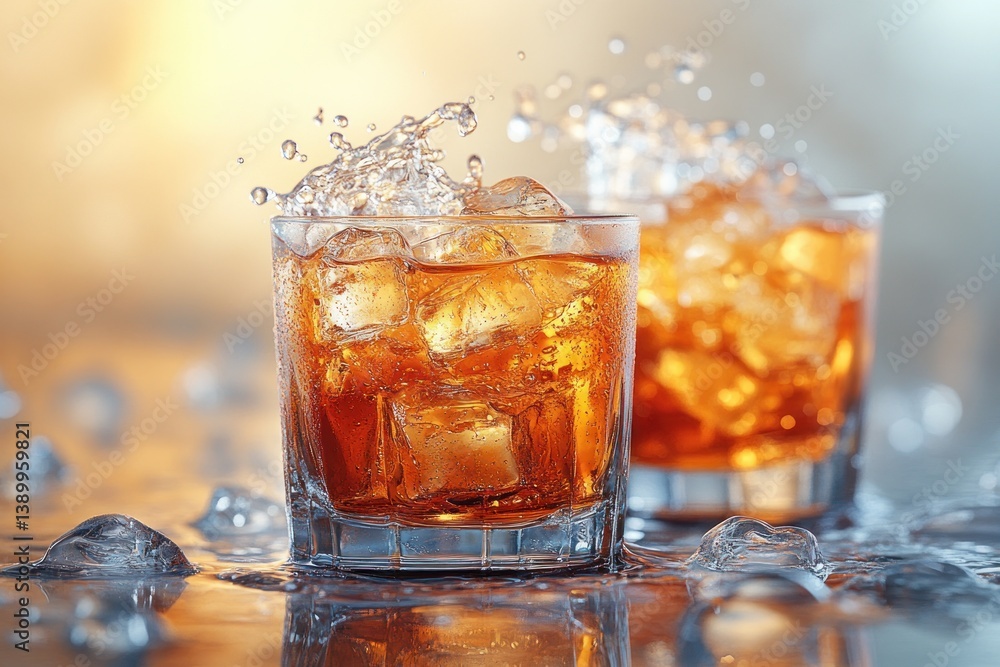 Poster Hyper-realistic close-up of cola and ice splash in glasses