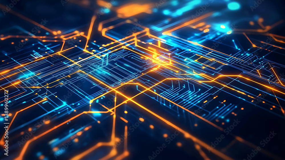 Aufkleber a computer chip with orange and blue lines