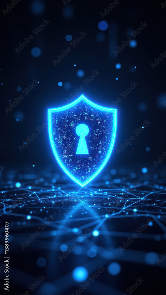 Poster this is a colorful digital image representing cybersecurity with a shield emblem, glowing blue lines
