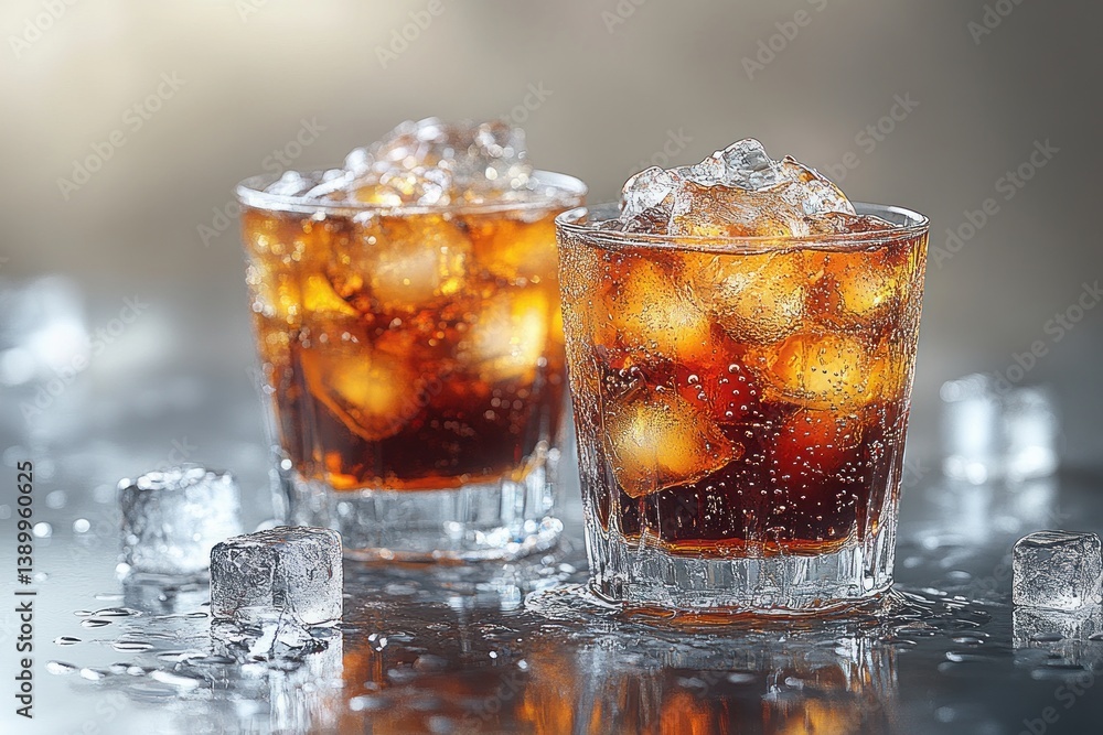Poster hyper-realistic close-up of cola and ice cubes with splash in glass