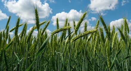 Obraz premium Vibrant green wheat field under a expansive blue sky dotted with cumulus clouds