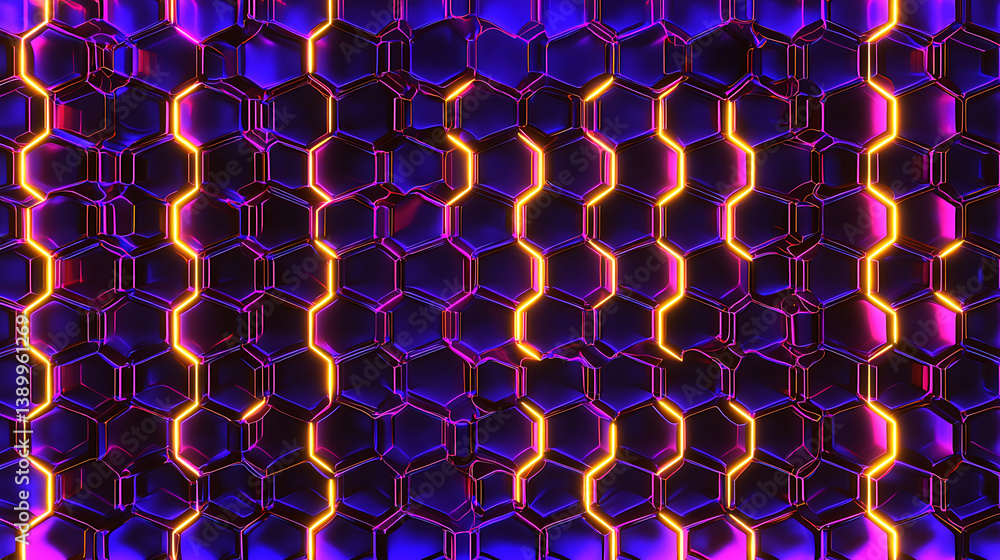 Poster a colorful, neon-lit background with a pattern of hexagons
