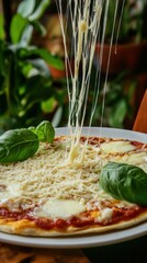 Delicious gourmet pizza with melted cheese, fresh basil, and crispy crust, perfect for dinner. Try this cheesy Italian delight today!