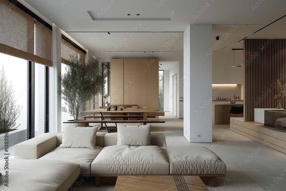 Poster designing a modern minimalist living room open concept in neutral tones with subtle textures and str