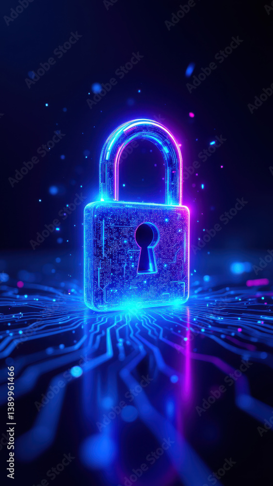 Aufkleber cybersecurity lock on glowing neon surface with circuitry pattern.