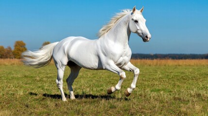 Obraz premium Majestic horse galloping across a vast open field nature photography bright blue sky dynamic perspective