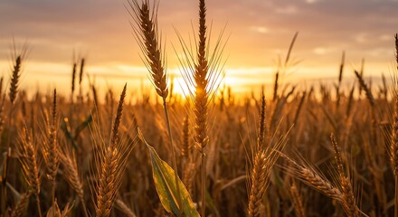 Golden hour over ripening wheat field, creating a tranquil and bountiful landscape
