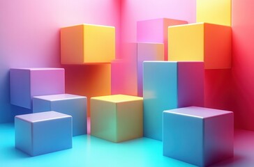 Obraz premium Colorful Geometric Abstract Shapes on White Background 3D Render Minimalistic Design Soft Lighting Isometric Perspective