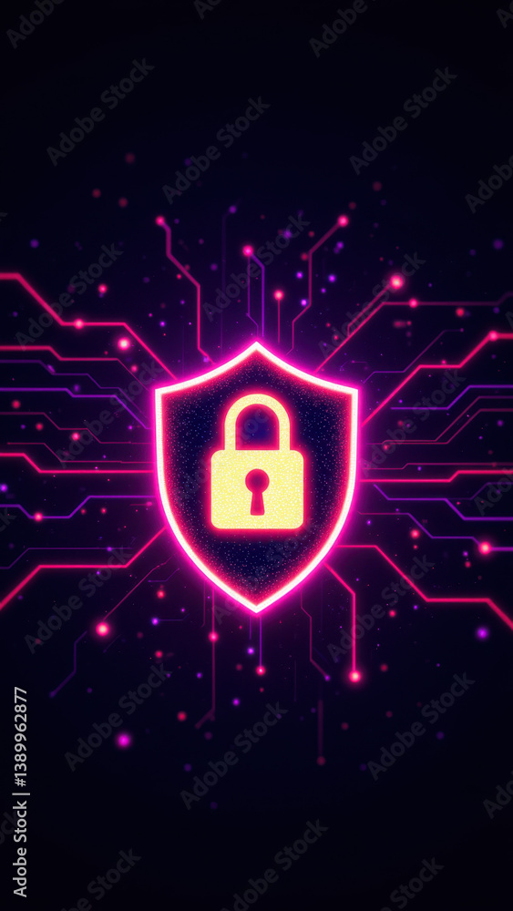 Poster a digital illustration featuring a shield lock icon with a futuristic grid background representing c