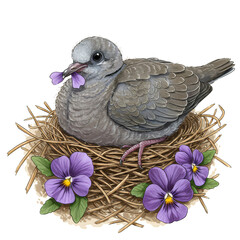 A dove in a nest with purple flowers holding a petal in its beak