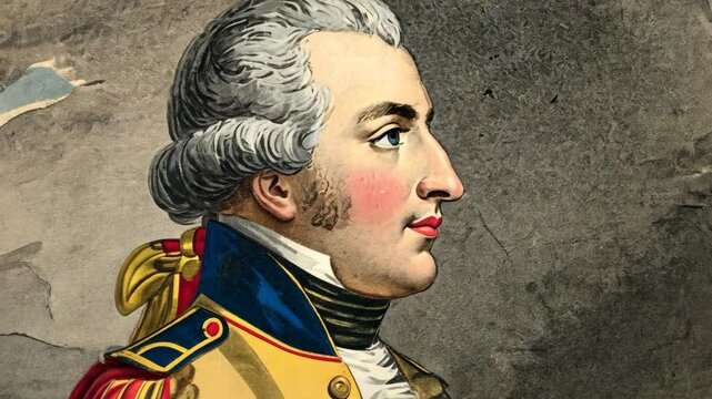 Portrait of a historical figure in military uniform from the 18th century with a detailed hairstyle and expression