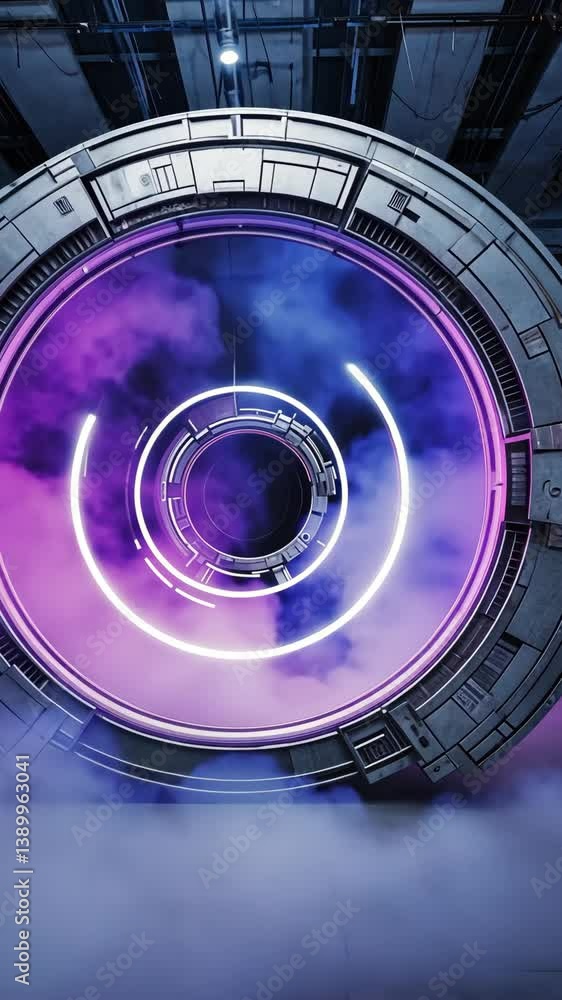 Poster colorful portal illuminated with neon lights and surrounded by fog in a futuristic setting