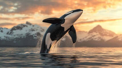 Fototapeta premium Majestic orca whale breaching at sunset in a serene ocean environment captivating nature photography