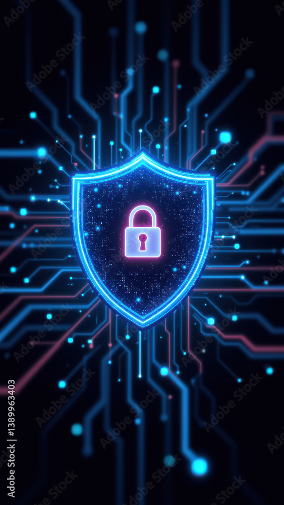 Poster blue lock symbol with circuit-like design, representing internet security.