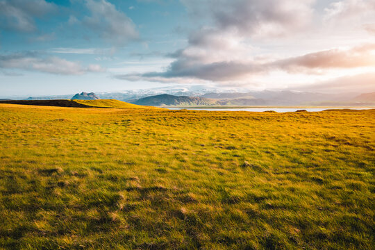 Typical Icelandic untouched terrain with remote mountain ranges. Location place Vik I Myrdal, southern Iceland, Europe.