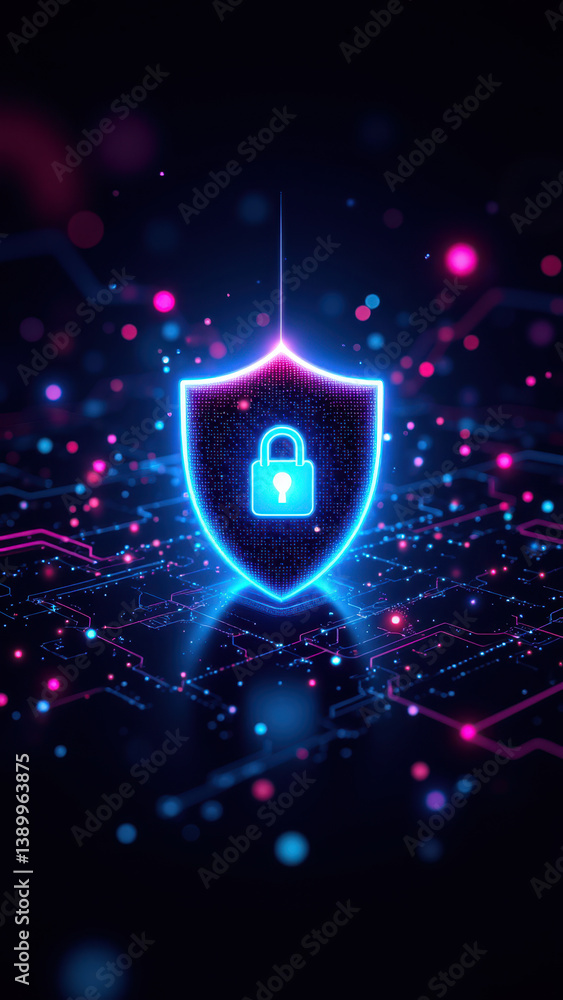 Poster cybersecurity icon featuring a shield with a padlock, surrounded by digital and network elements.