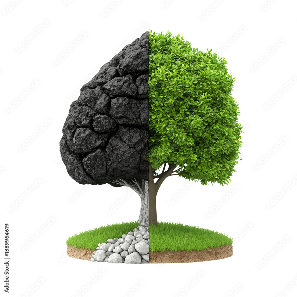Poster nature conservation concept. two-part tree illustration showing transformation from rock to greenery