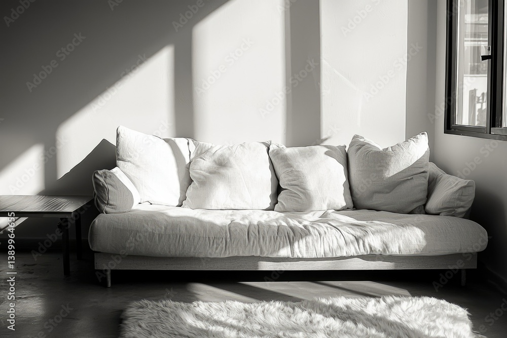 Poster sunlight streams through a window illuminating a cozy, linen-covered sofa with plush pillows in a mi