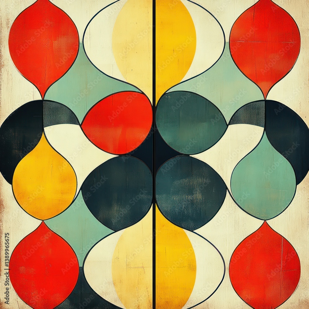 Poster retro geometric seamless pattern design in 1960s op art style with abstract shapes and muted earth t