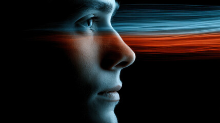 Obraz premium Digital therapy session visualizes flow of data streams between human mind and intelligent light-based AI presence
