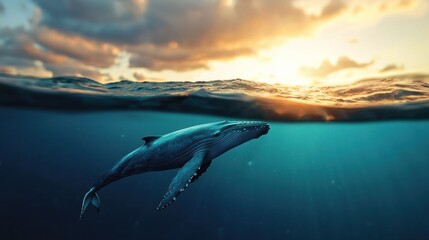 Obraz premium Majestic whale breaching at sunset ocean surface wildlife photography tranquil waters underwater perspective