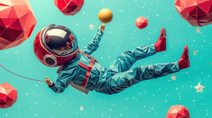 A whimsical astronaut soars through space, holding a golden orb and surrounded by red and white spheres.