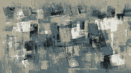 Abstract artwork with layered rectangular strokes in shades of deep gray, off-white, and muted blue, evoking an industrial, weathered texture with a bold, painterly aesthetic