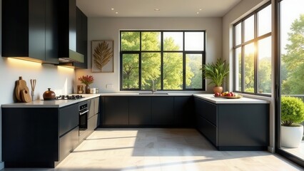 Fototapeta premium Modern Dark Kitchen Design with Abundant Natural Light and Lush Greenery Views