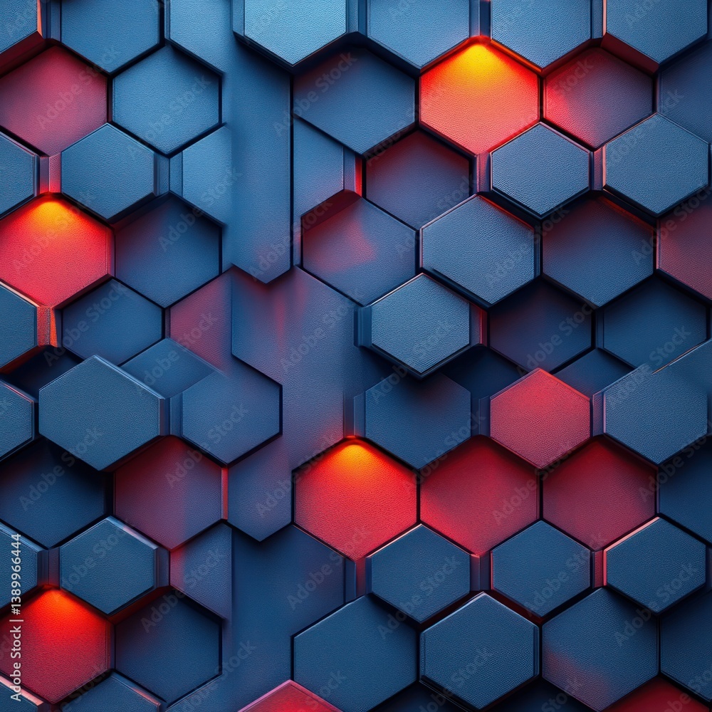 Poster geometric pattern with hexagonal shapes in op art style with vibrant red and blue colors for modern 