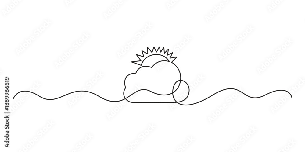Poster cloud and sun weather continuous single line drawing. abstract and minimalist outline vector art gra