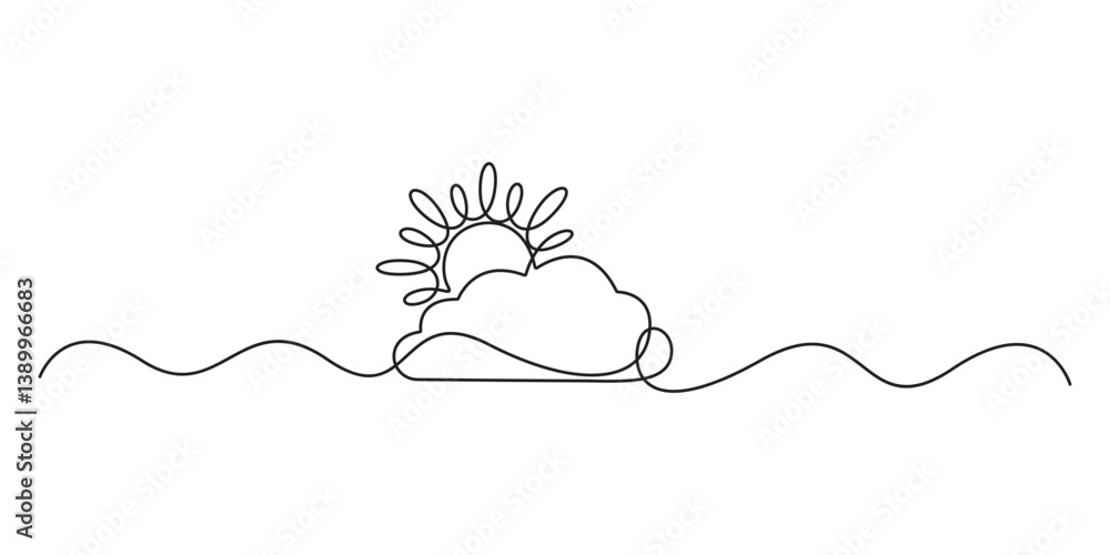 Poster cloud and sun weather continuous single line drawing. abstract and minimalist outline vector art gra