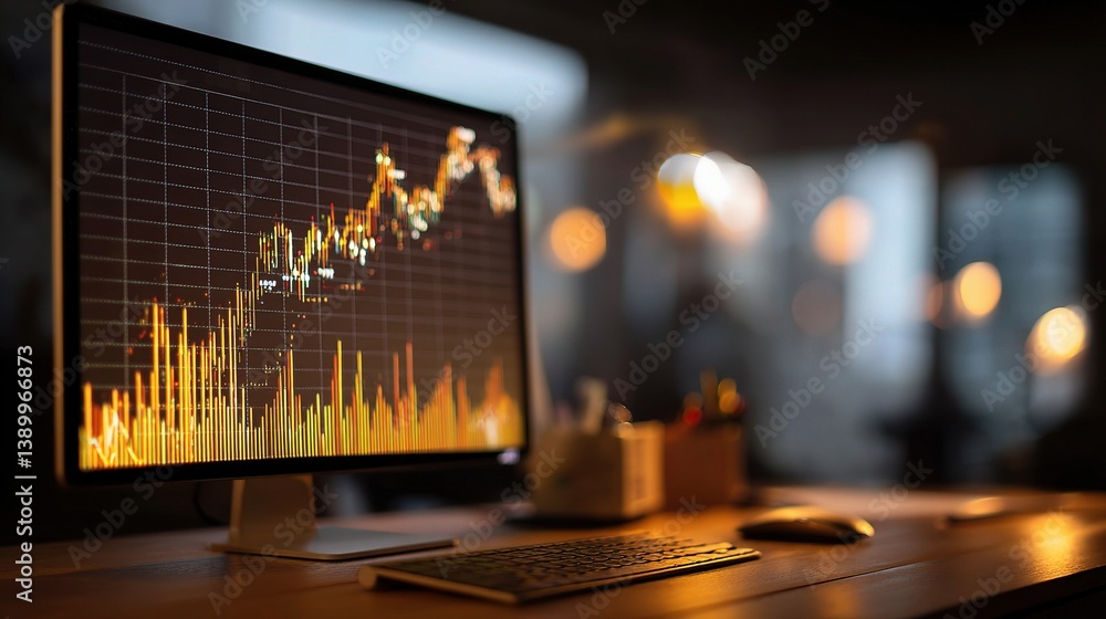 Poster modern computer monitor displaying financial data on workspace