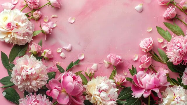 Colorful floral arrangement showcasing peonies and petals on a soft pink background for a decorative touch