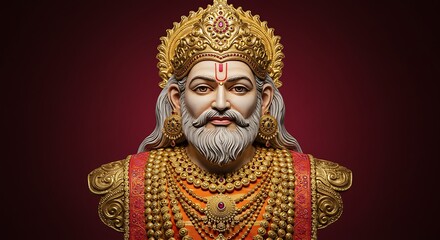 Obraz premium Artistic rendering of a regal figure adorned with gold and jewels on maroon backdrop