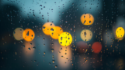 raindrops on a glass window with a moody blurred background 