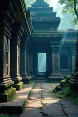Naklejka premium Ancient temple with intricate stone carvings and misty veil, temple, veil