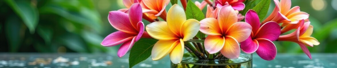 Fototapeta premium A vase filled with an assortment of colorful tropical flowers including plumeria and orchids in water, floral, flower, water