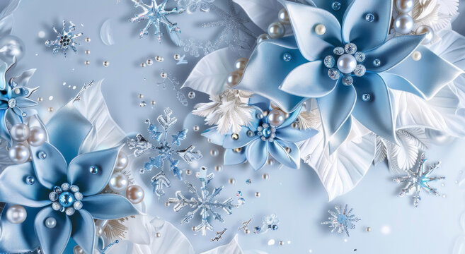 Elegant winter floral arrangement adorned with delicate blue poinsettias shimmering snowflakes and lustrous pearls on a serene pastel blue background