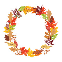 Elegant round frame, garland, wreath or border made of colorful fallen autumn leaves, branches and twigs. Natural decorative vector illustration isolated on white background with copy space.