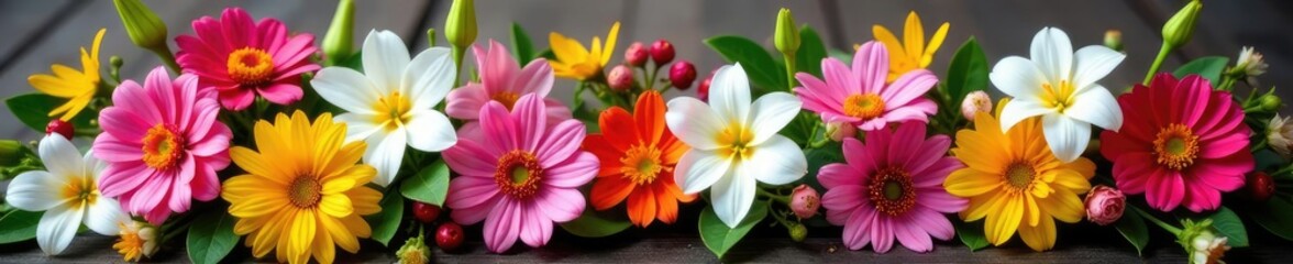 Colorful mix of flowers and white jasmine on a wooden table, floral arrangement, spring flowers