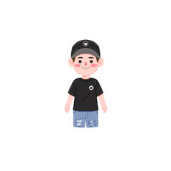 Cute Cartoon Boy in Black Cap and Distressed Denim Shorts