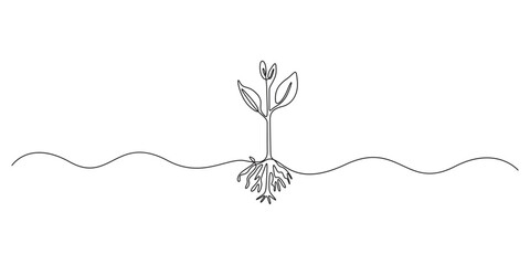 Continuous one line drawing of growing plant. Vector illustration, Growth, seedling, gardening concept single line art. Graphic illustration
