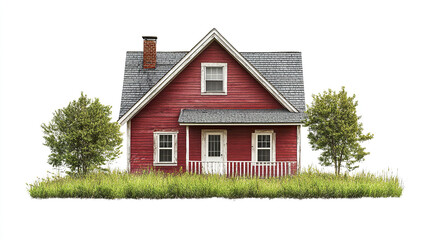 Obraz premium Red farmhouse with porch and trees in rural setting