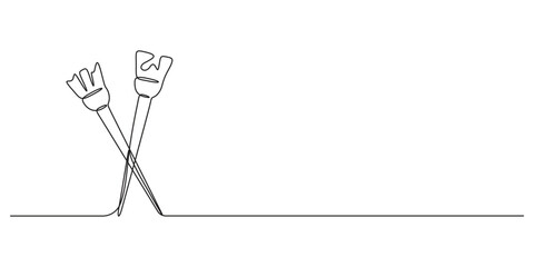 Continuous one line drawing of paint brushes. Single line art paint brushes hand draw graphic illustration 