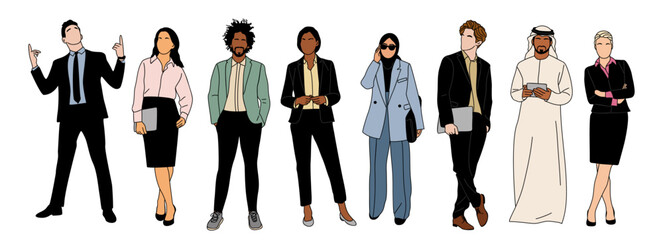 Diverse multiethnic Business team members standing. Men, women characters in formal office outfit. Modern vector outline colored sketch illustration isolated  © Creative_Juice_Art