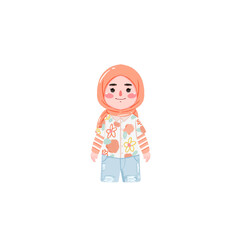 Peach Hijab & Floral Shirt: Cute Cartoon Girl Illustration
