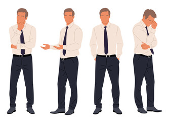 Obraz premium Businessman character in different poses. Handsome business man in formal suit standing front, back, rear, side view, pointing, thinking. Vector realistic illustrations isolated